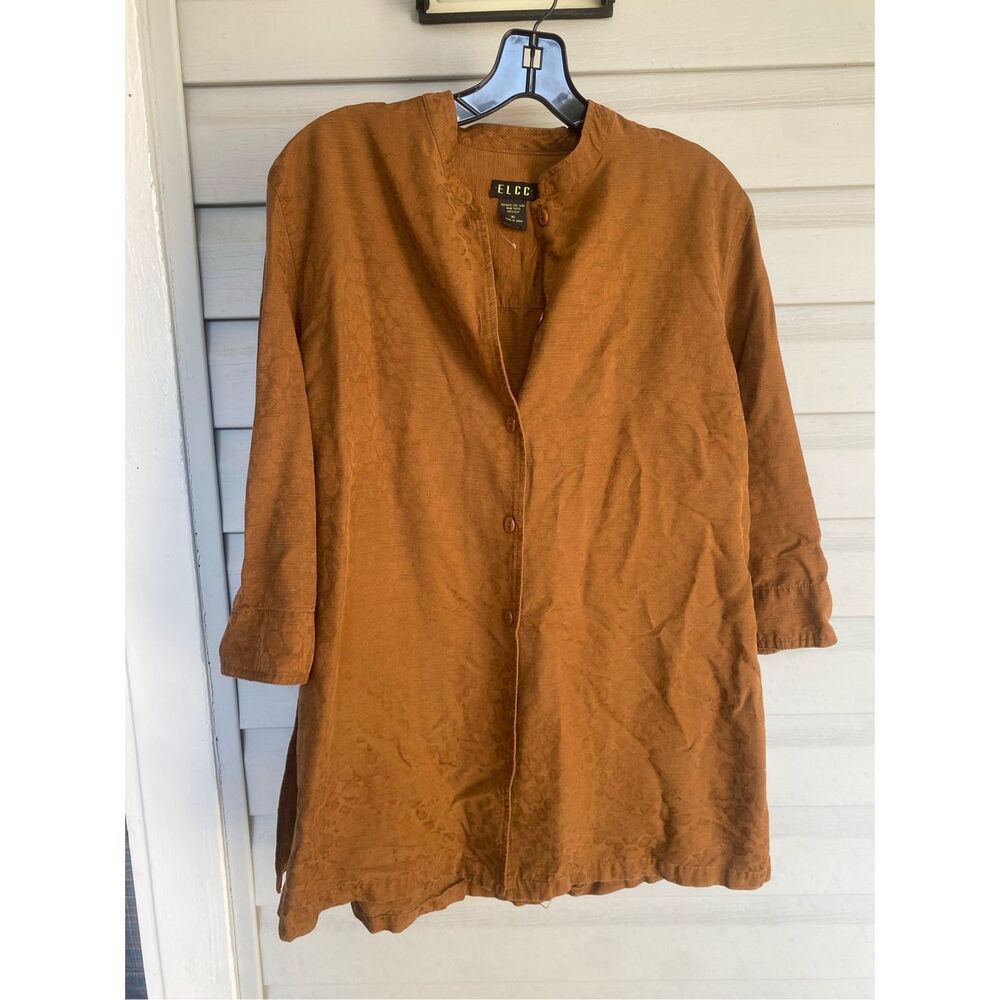 ELCC Silk Burnt Orange Rust Colored Leopard Print Button-up Blouse, Sz XL